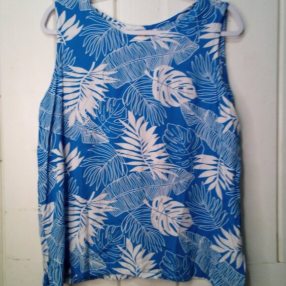 Makai Beach Hawaii Shirt Blouse Women L Sleeveless Tropical Leaves Blue White - Picture 2 of 16